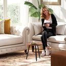 Tavolino da Salotto Ø40x39 cm con Bordo Rialzato e 3 Gambe in Legno e Acciaio Nero e color Legno  