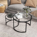Set 2 Tavolini Sovrapponibili Ø70x47,5 cm e Ø54 x 42,5 cm in Vetro e Acciaio Nero   