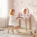 Set Toeletta Trucco per Bambina 55x34x82 cm con Sgabello Specchio e Cassetto in Legno Rosa      