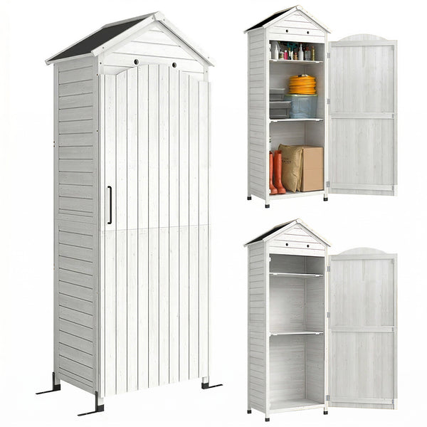 Casetta Box da Giardino 85x58x213 cm Ripostiglio con Scaffali Regolabili e Tetto Zincato in Legno Bianco online