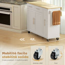 Isola per Cucina 129x65x91 cm a 5 Ruote con Portasciugamani 2 Cassetti 4 Ripiani e Armadietto in Legno Bianco      