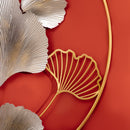 Decorazione Murale 3D in Metallo 138x70 cm Wall Art Dorata con Ginkgo Oro e Argento