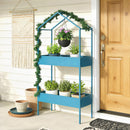 Portavasi a 2 Livelli 75x35x150 cm a Forma di Casetta con Gancio in Metallo Blu Verde      
