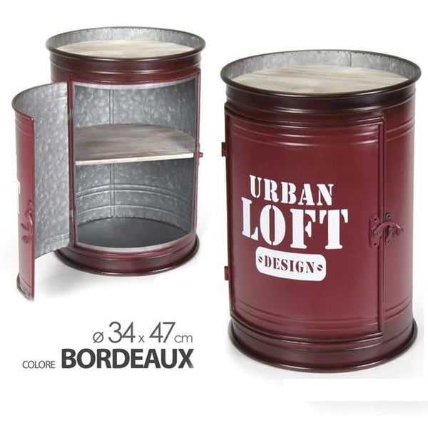 Tavolino Contenitore Bidone Tondo Struttura Metallo Bordeaux e Ripiani in Legno prezzo