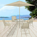 Set da Pranzo 6 Pezzi per Giardino Patio Tavolo Piano in Vetro con Ombrellone e 4 Sedie Pieghevoli Sabbia