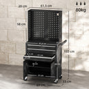 Carrello Porta Attrezzi 69x33x133 cm con Piano di Lavoro 3 Cassetti Pannelli Forati in Acciaio Nero      