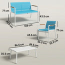 Set 4 Pezzi Salotto da Giardino Divano 2 Poltrone Tavolo in Metallo e Texteline Blu      