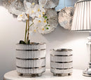Porta Vasi Coppia Ray Ø22,5x24 cm - Ø18x19 cm in Ceramica Bianco e Argento      
