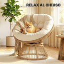 Poltrona Papasan Girevole 360° Moon Chair con Cuscino in Rattan PE e Cotone PP Bianco Crema      