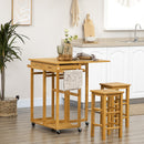Carrello da Cucina 82,5x75,5x83,5 cm con Tavolino Pieghevole e 2 Sgabelli in Legno di Bambù Marrone
