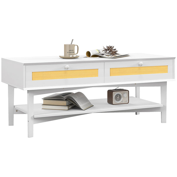 Tavolino da Caffè Boho con 2 Cassetti e Ripiano 120x50x50 cm in Rattan e Truciolato Bianco e Legno acquista