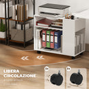Tavolino da Salotto 70x36x60 cm con Ruote Vani Aperti Ripiano e Scomparto Superficie in Melamina Bianco      