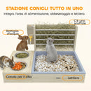 Mangiatoia per Fieno 58x40x32 cm con Portafieno Lettiera e Ciotole Colore Legno Naturale      