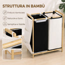 Cesto Portabiancheria 63x33x78 cm 2 Scomparti 120L con Coperchi Tasche Laterali Sacchi Estraibili in Bambù e Poliestere Bianco e Nero      