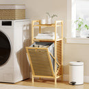 Mobile Bagno a Doghe con Cesto Portabiancheria 40x30x95 cm Apertura a Ribalta in Bambù e Poliestere Grigio e Legno  
