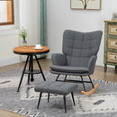 Sedia a Dondolo con Pouf con Cuscino e Braccioli in Tessuto Effetto Lino e Legno Grigio      