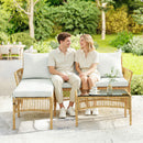 Set 3 Pezzi da Giardino con Divanetto Chaise Longue e Tavolino da Caffè in Acciaio e Rattan PE Crema      