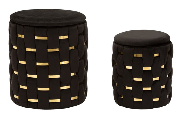 Puff con Contenitore Shanty Nero Set 2 Pz Ø37x42 cm - Ø28x35 cm in Ferro e MDF e Spugna e Poliestere Nero e Oro acquista