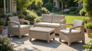 Set da Giardino Divano 2 Poltrone e Tavolino Keter Corfù Cappuccino