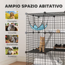 Gabbia per Gatti Recinto Personalizzabile 3 Livelli 70x70x105 cm in Acciaio Verniciato Nero      