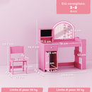 Set Toeletta Trucco per Bambini 2 in 1 con Specchio Luce LED 88,6x38,8x96,9 cm e Sedia in MDF Rosa      