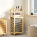 Mobile Bagno a Doghe con Cesto Portabiancheria 40x30x95 cm Apertura a Ribalta in Bambù e Poliestere Grigio e Legno  