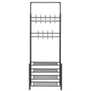 Stand Appendiabiti da Ingresso 9 Ganci con Scarpiera a 4 Ripiani in Metallo Nero 