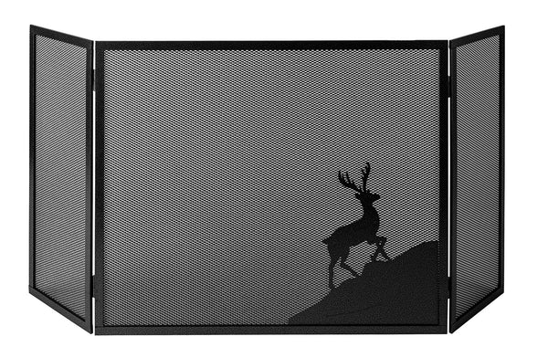 Parascintille per Camino a 3 Ante Design Cervo 20+60+20x50 cm in Ferro Verniciato Grigio Martellato sconto