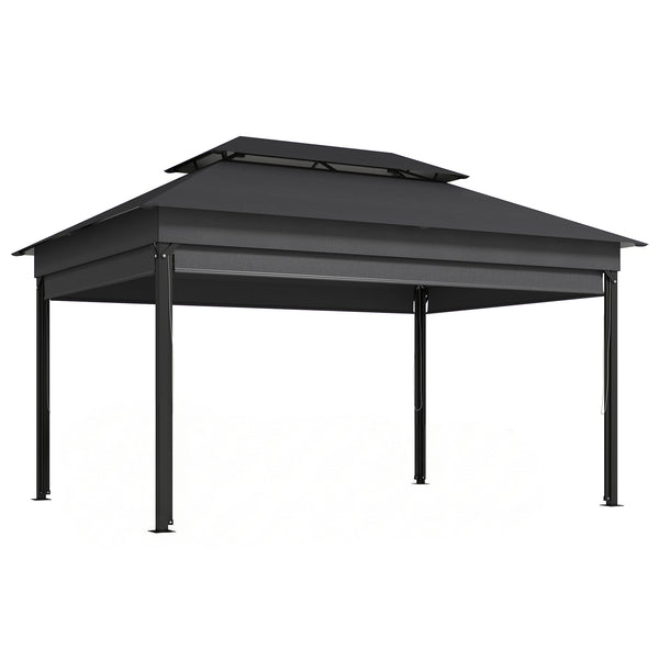 Gazebo da Giardino 4x3 m con Tende Laterali Doppio Tetto Fori di Drenaggio Grigio Scuro sconto