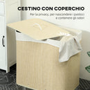 Cesto Portabiancheria 60x40x60 cm con Coperchio 3 Scomparti 144L con Sacca Removibile e Lavabile in Bambù Crema      