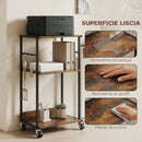 Mobile Supporto per Stampante a 3 livelli 43x30x82 cm con Ruote e Ganci in Legno e Metallo Marrone Rustico.      