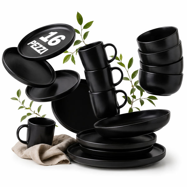 Servizio Piatti 16 Pezzi Design Moderno per 4 Persone in Gres Smaltato Nero prezzo