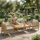 Set 4 Pezzi Salotto da Giardino con Divano 2 Poltrone con Cuscini e Tavolino in Legno di Acacia      