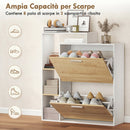 Mobile Portascarpe 80x26x 90 cm con 2 Cassetti a Ribalta e ripiani Bianco e Legno Naturale      