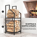 Portalegna a 2 Livelli 34x30x80cm per Interno Esterno in Metallo Nero      