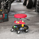 Sgabello da Officina Altezza 40-51 cm con Ruote Capacità fino a 135 kg con Vassoi Porta Utensili in Acciaio e Pelle Finta Rosso      