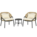 Set Tavolino e 2 Poltrone da Giardino con Braccioli e Cuscini in Acciaio e Rattan PE Crema
