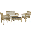 Set Salotto da Giardino in Rattan sintetico Tavolino 3 Poltrone con Divano con Cuscini Naturale