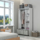 Armadio Guardaroba 105x48x160 cm con Barra Appendiabiti Ripiani e Cassetti in Legno e Tessuto Bianco e Grigio      