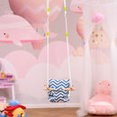 Seggiolino Altalena per Bambini 40x40 cm in Legno e Tessuto Cotone Blu e Bianco