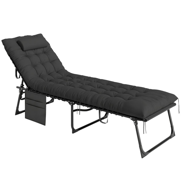 Lettino Prendisole 58x189x32,5 cm Pieghevole con Cuscino Poggiatesta e Tasca Laterale in Poliestere Nero prezzo