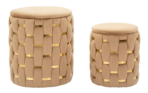 Puff con Contenitore Shanty Oro Set 2 Pz Ø37x42 cm - Ø28x35 cm in Ferro e MDF e Spugna e Poliestere Oro prezzo