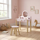 Set Toeletta Trucco per Bambina 55x34x82 cm con Sgabello Specchio e Cassetto in Legno Rosa      