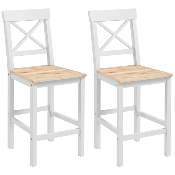 Set di 2 Sgabelli da Bar con Schienale Alto Poggiapiedi in Legno di Pino Naturale e Bianco sconto