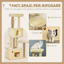 Albero Tiragraffi per Gatti Alto 136 cm con Cuccia Rimovibile Casetta e Lettino Pali in Iuta Beige      