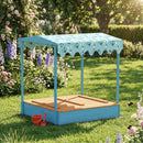 Sabbiera per Bambini 3-6 Anni 134,5x127,5x130 cm con Tettuccio Dinosauri Sedute Pieghevoli Coperchio e Fodera in Legno di Abete Blu      