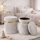 Pouf Contenitore Ø37x40 cm Sgabello Poggiapiedi in Velluto Avorio     