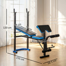 Panca Multifunzione  155x56,5x120 cm con Supporto Bilanciere e Schienale Regolabile in Acciaio e PU Nero e Blu      
