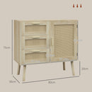 Mobile Multiuso Stile Boho con Armadietto e 3 Cassetti 80x36x75 cm in Legno e Rattan Rovere