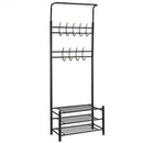 Stand Appendiabiti da Ingresso 9 Ganci con Scarpiera a 3 Ripiani in Metallo Nero 